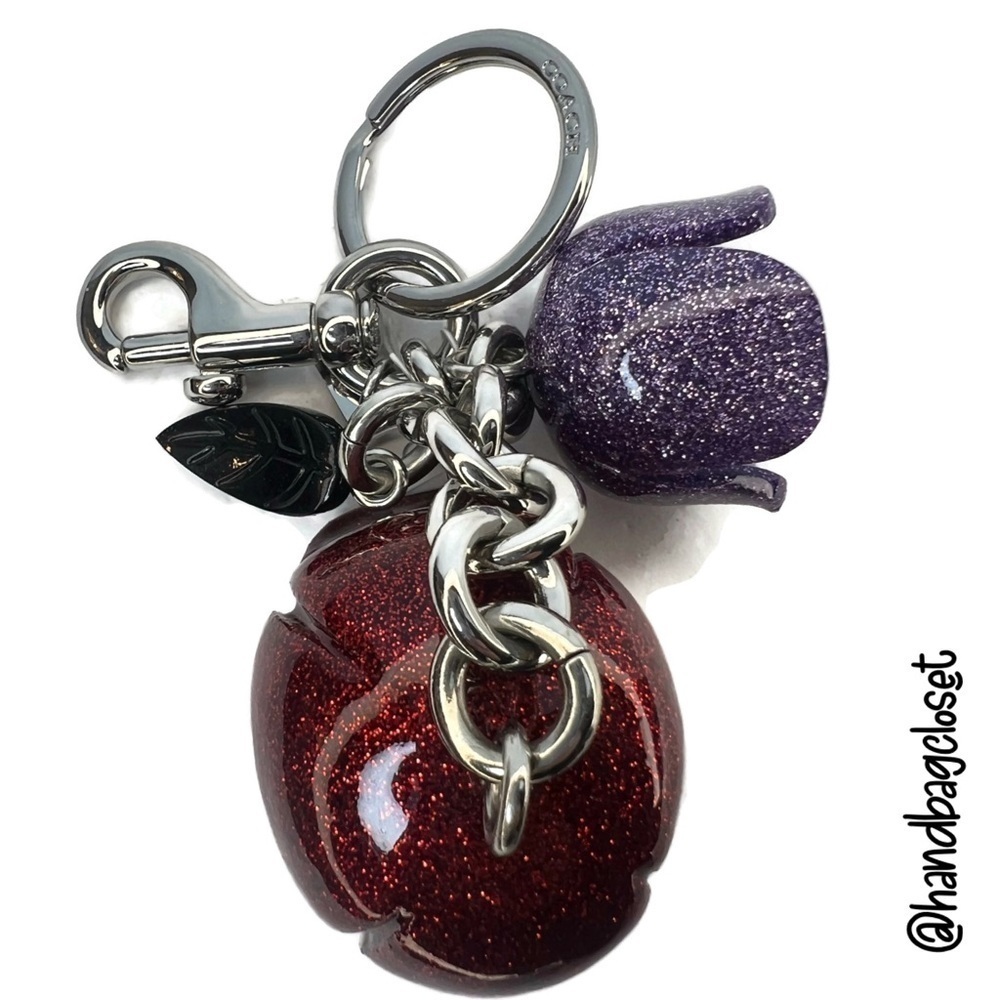 COACH GLITTER RESIN TEA ROSE BAG CHARM F58514 SILVER RED PURPLE TULIP KEYCHAIN - Picture 9 of 11